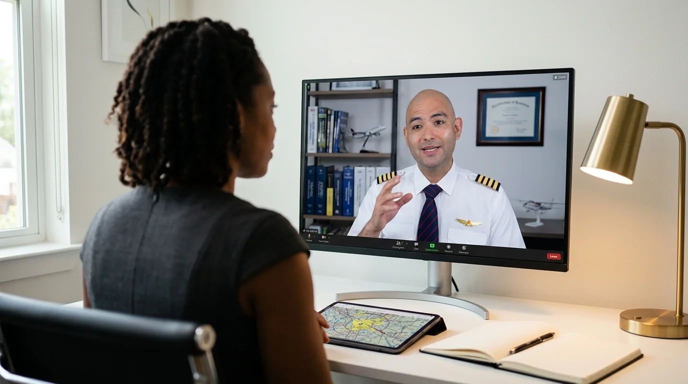 Woman in business dress receiving remote flight instruction from an airline pilot via Zoom — iPad with aviation sectional chart on desk