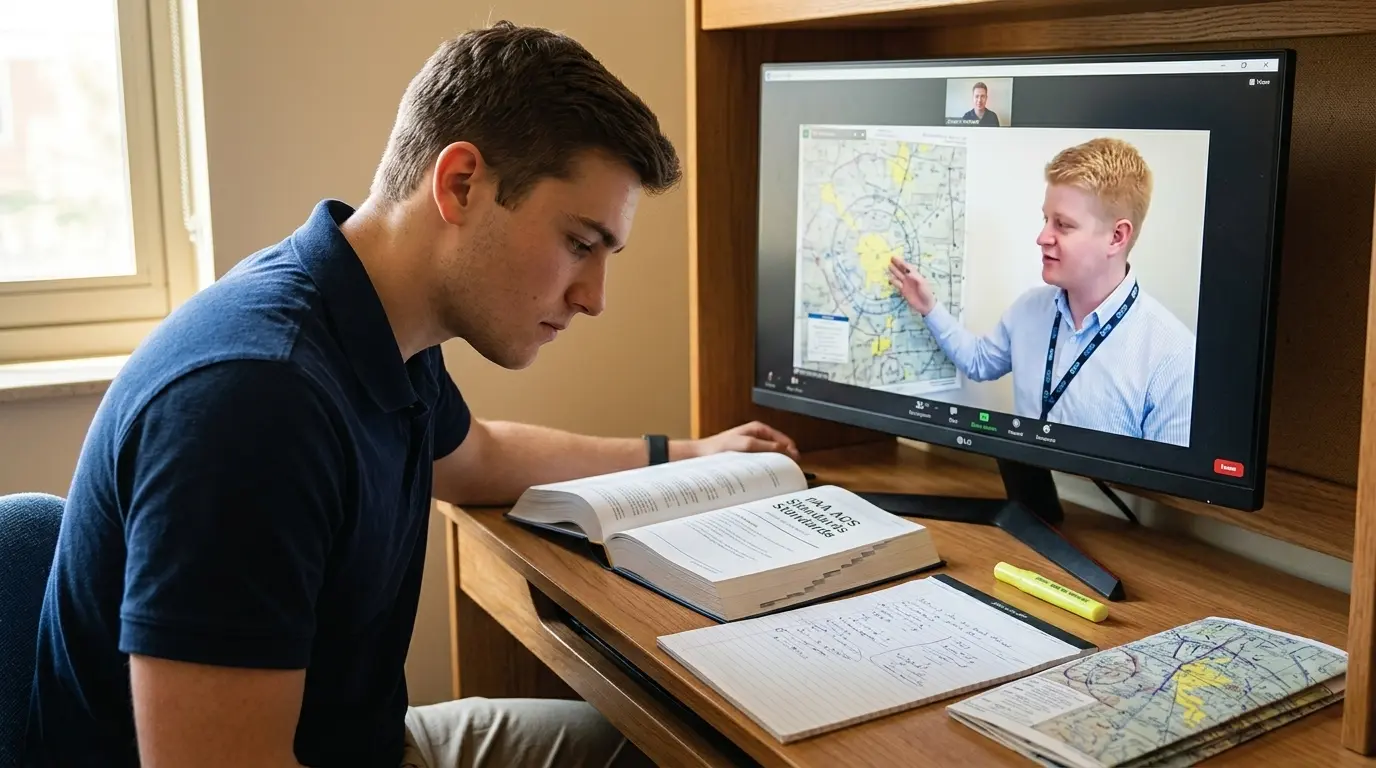 Private pilot student preparing for checkride with airline pilot instructor via Zoom