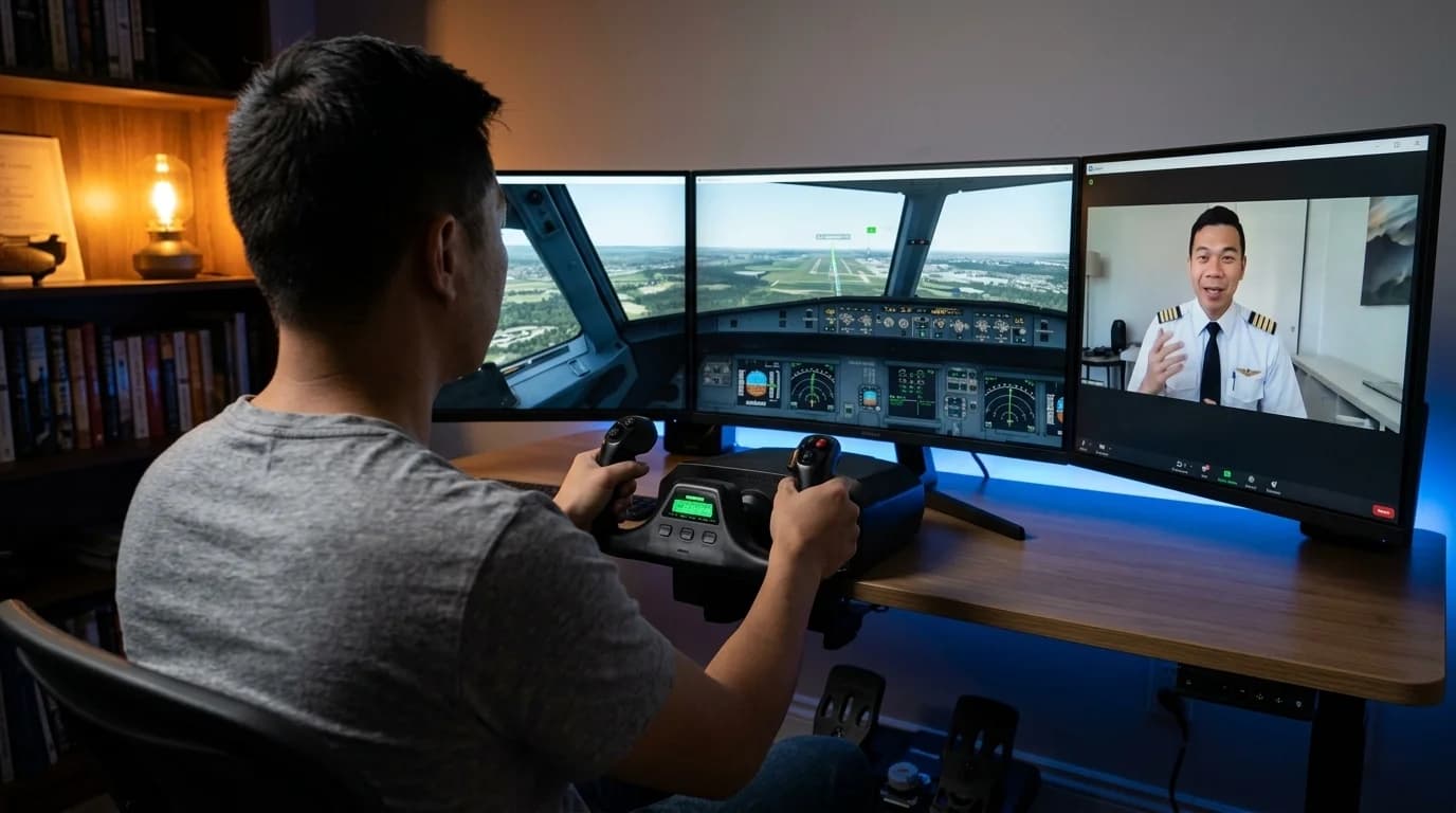 Home flight simulator student receiving structured coaching from airline pilot instructor via Zoom