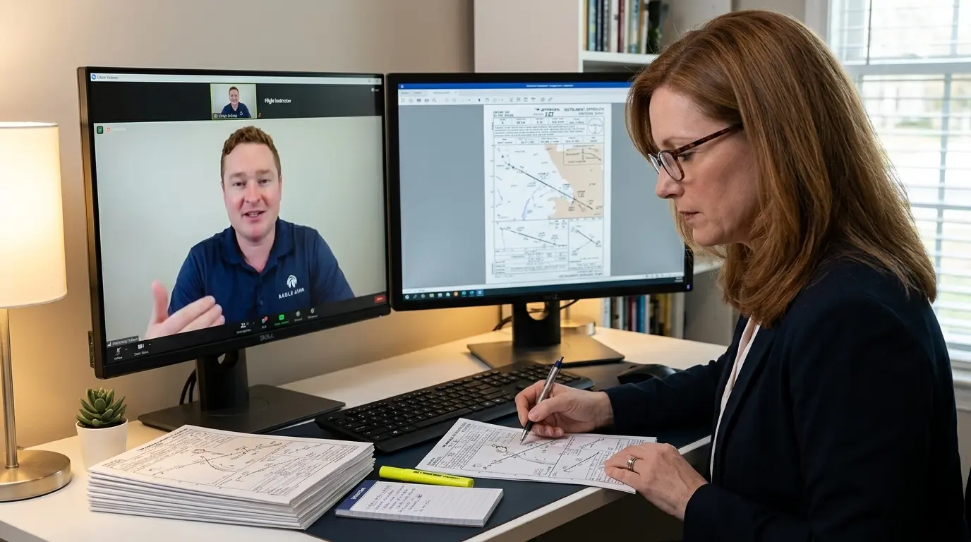Instrument rating student reviewing approach plates with airline pilot instructor via Zoom